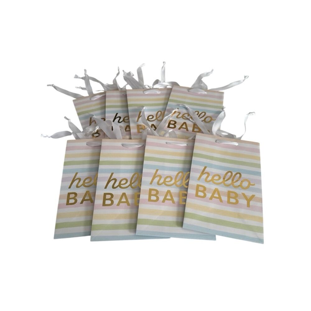 Spritz Pastel Striped Gift Bags with Gold Foil "Hello BABY" NWT